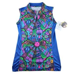 Pickleball Bella Womens Groovy Sleeveless 1/4 Zip Athletic Top Blue Multi Small